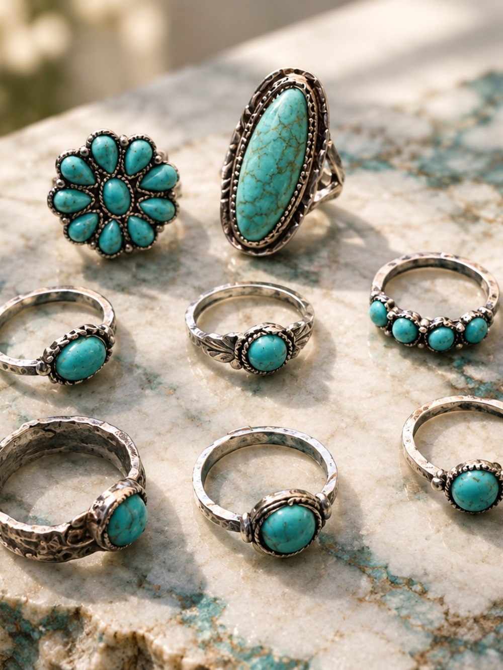 Turquoise Silver Cluster Ring - Women Jewelry set of 8